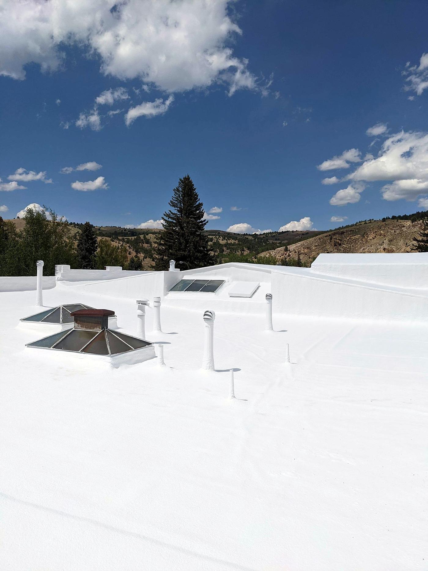 Finished white coated flat roof with rooftop vents and a mountain view